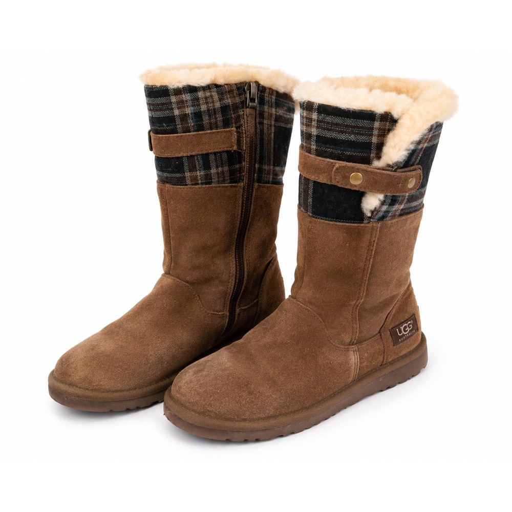 UGG Australia‎ Brown Suede Plaid Shearling Lined Mid Calf Boots Womens
